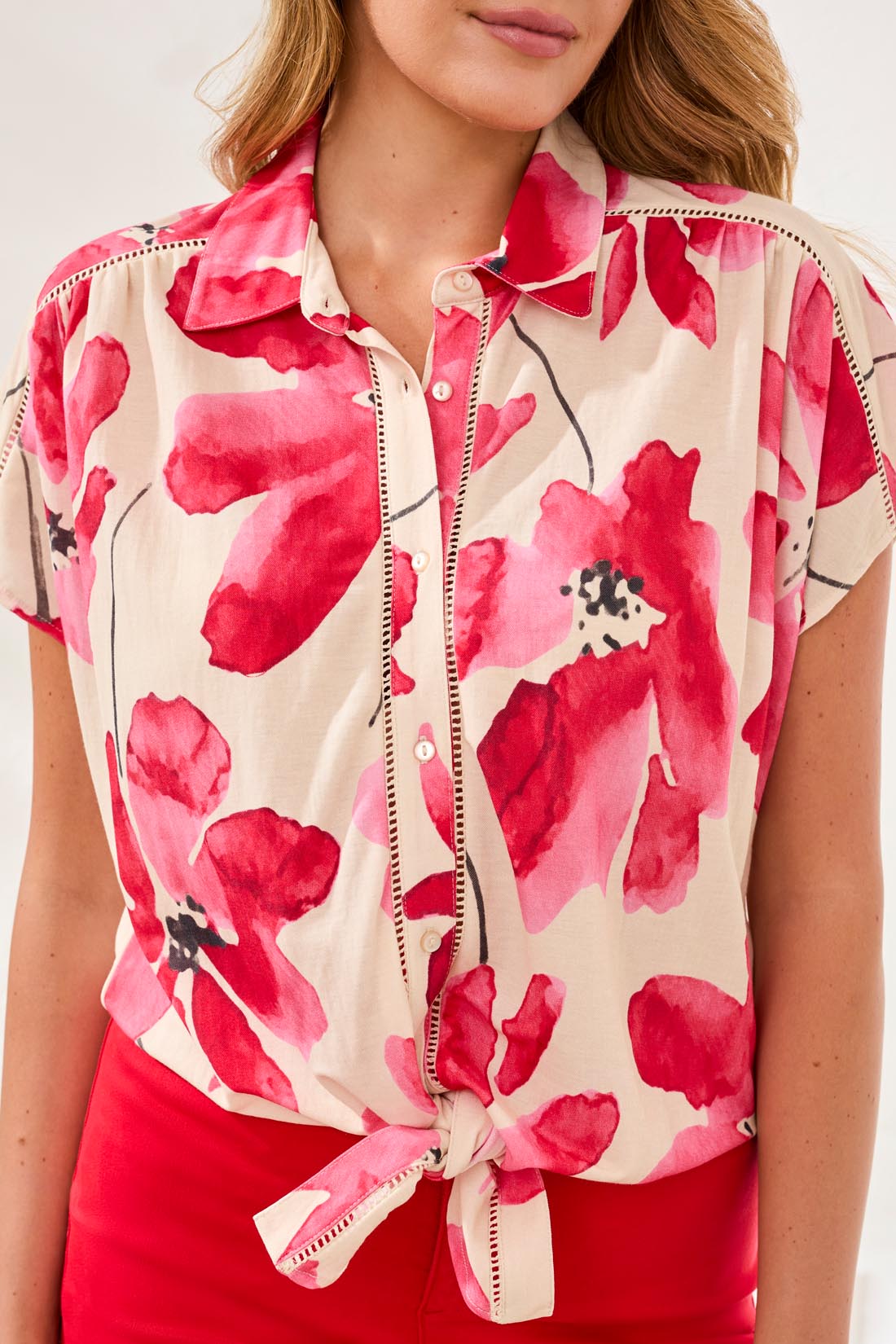 Tribal Short-Sleeve Top With Buttons & Tie Front - Style 20840-8134