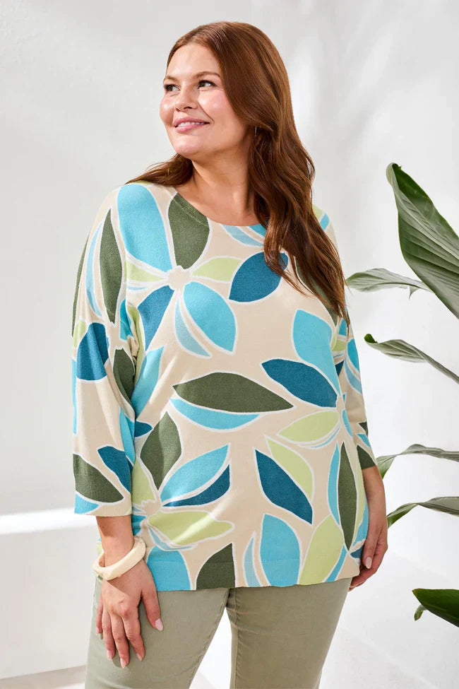 Tribal Printed Three-Quarter Sleeve Crew Neck Sweater - Style 2175V-8169