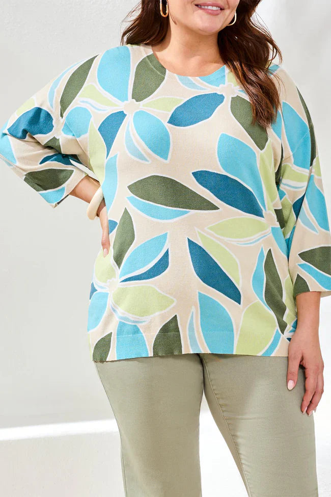 Tribal Printed Three-Quarter Sleeve Crew Neck Sweater - Style 2175V-8169