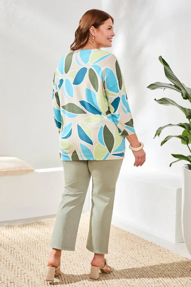 Tribal Printed Crew-Neck Three-Quarter Sweater - Style 2175V-8169