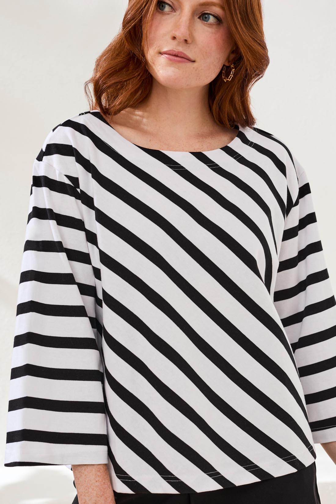 Tribal Cotton Striped Boat Neck Bell‑Sleeve Top - Style 24890-8439