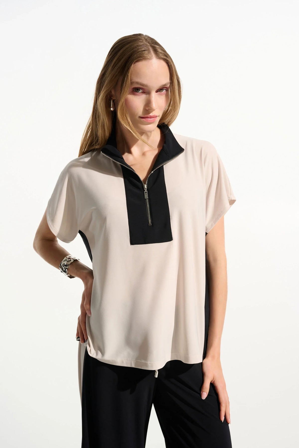 Joseph Ribkoff Zip Stand Collar Color Block Top - Style 261611