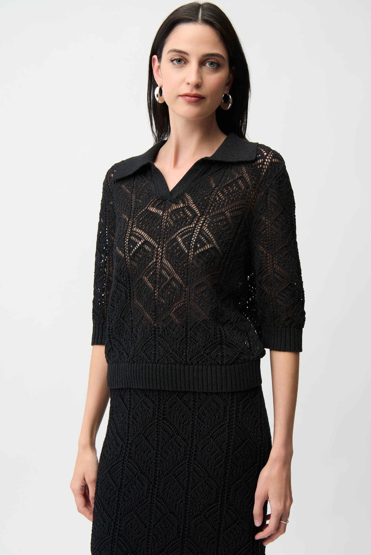 Joseph Ribkoff Polo Collar Open Stitch Sweater - Style 261929