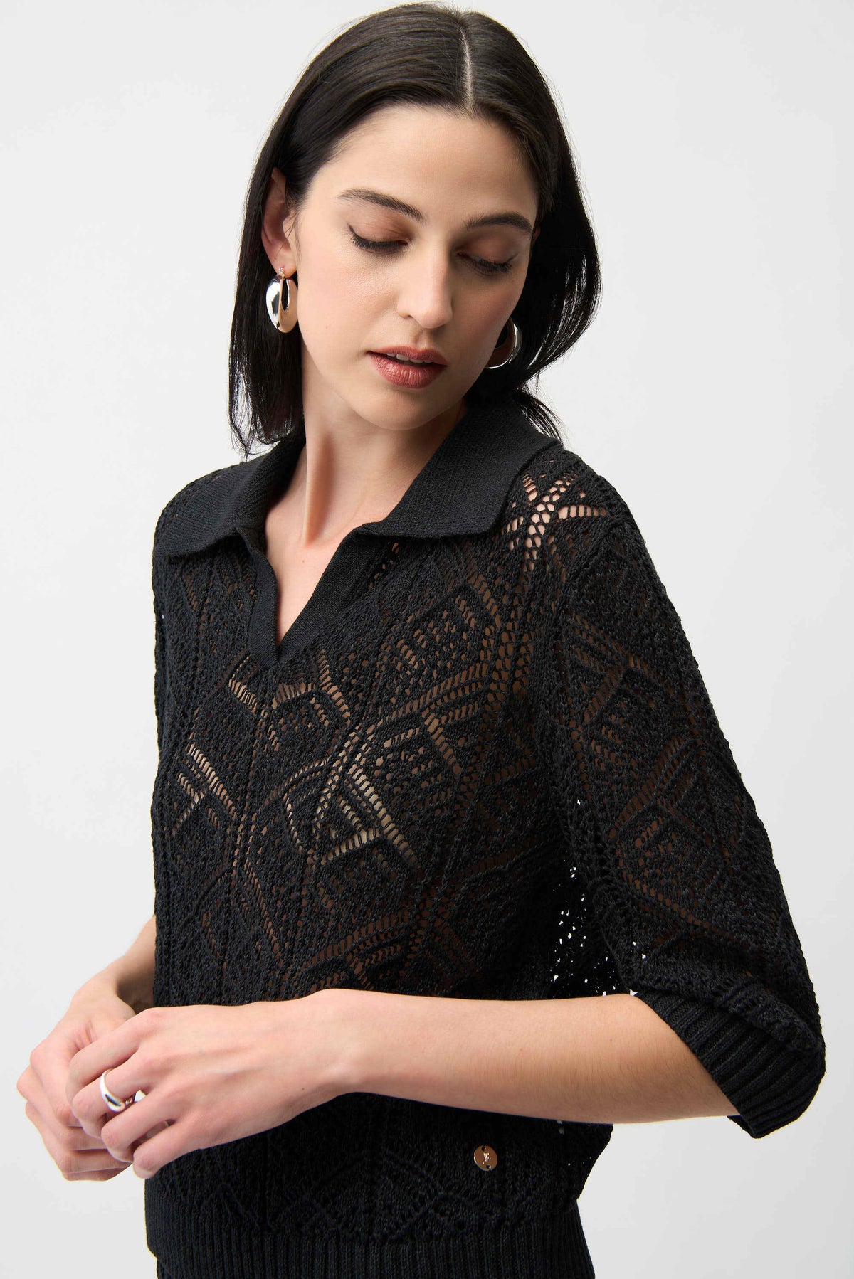 Joseph Ribkoff Polo Collar Open Stitch Sweater - Style 261929