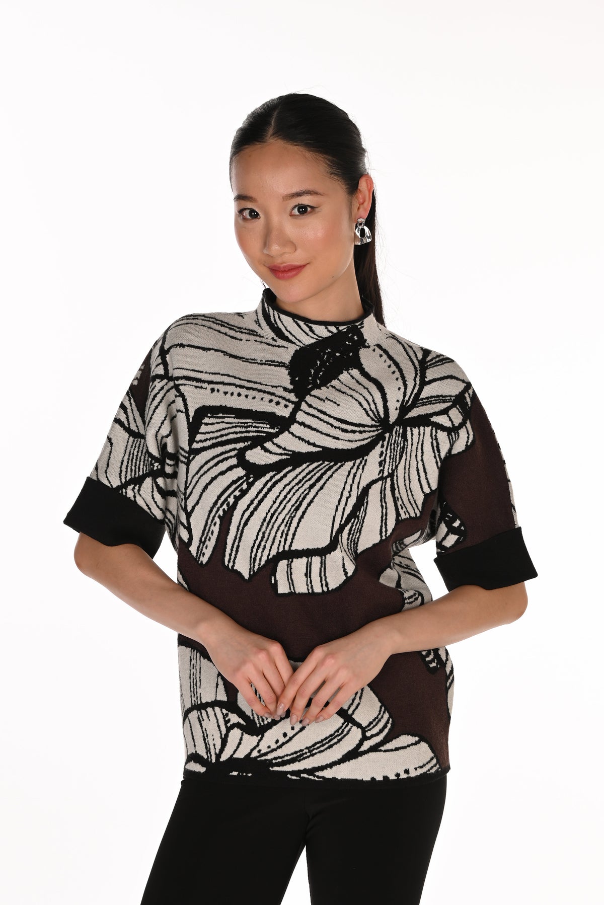 Frank Lyman Mock Neck Elbow Sleeve Print Top - Style 263773
