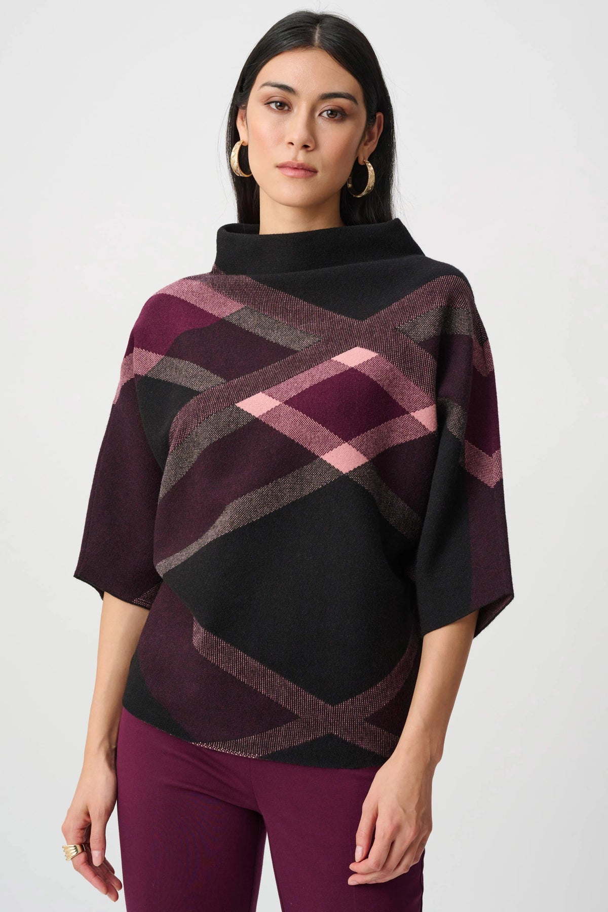Joseph Ribkoff Plaid Funnel Neck Sweater - Style 263947M