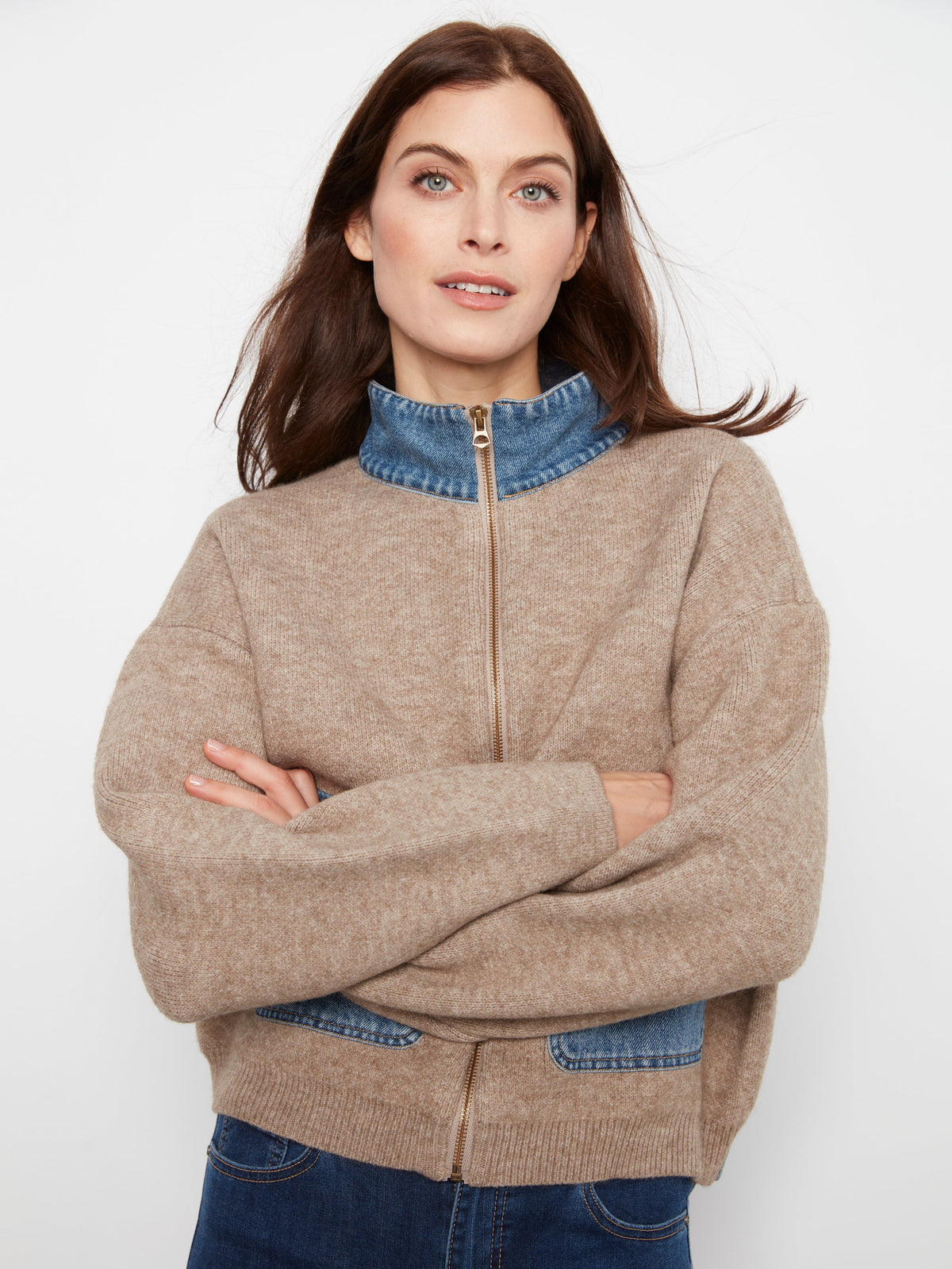 Charlie B Zipped Sweater Denim Pockets  - Style C2045-716C