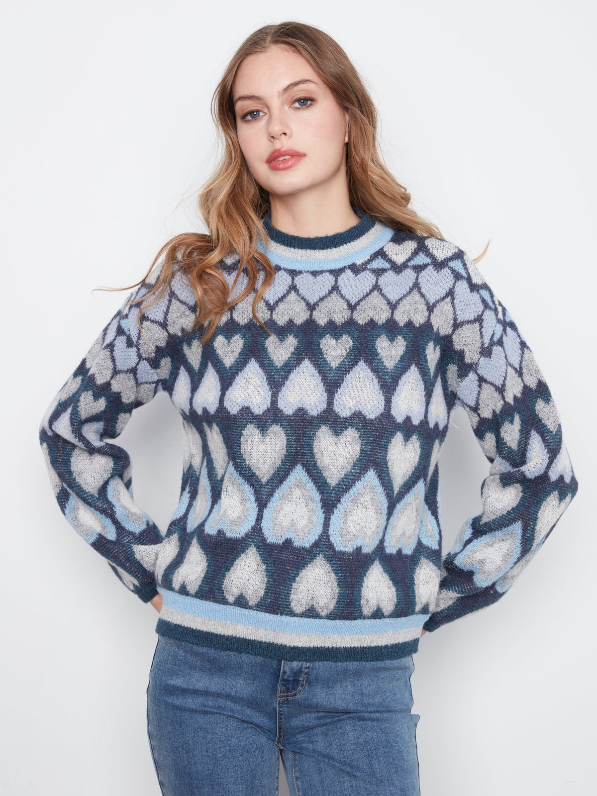 Charlie B Heart Jacquard Mock Neck Sweater - Style C2175-820C