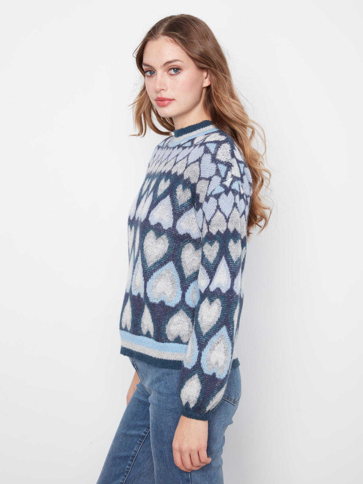 Charlie B Heart Jacquard Mock Neck Sweater - Style C2175-820C