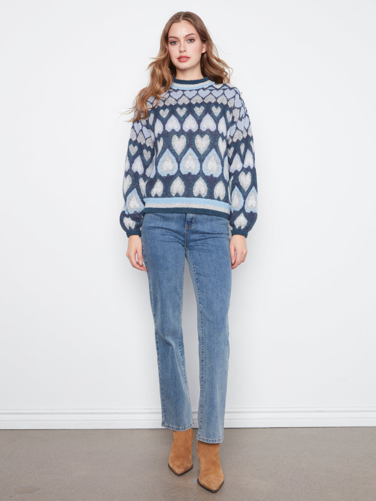 Charlie B Heart Jacquard Mock Neck Sweater - Style C2175-820C
