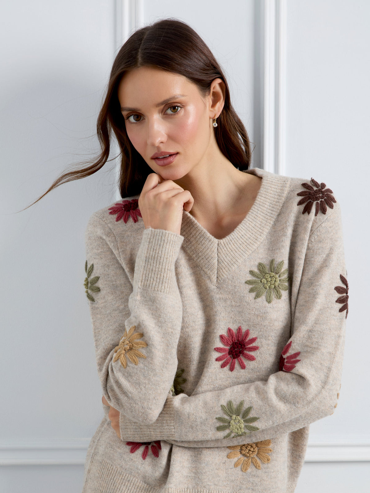Charlie B Embroidered V-Neck Sweater - Style C2853R-433C