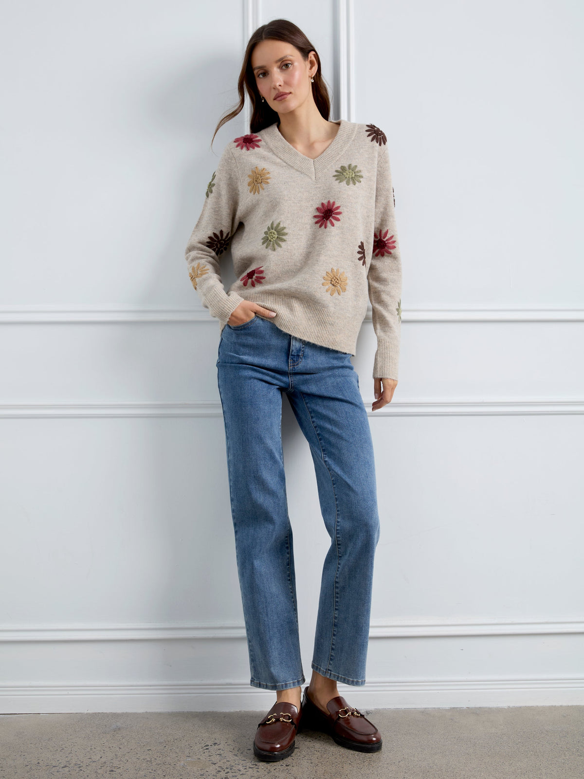 Charlie B Embroidered V-Neck Sweater - Style C2853R-433C