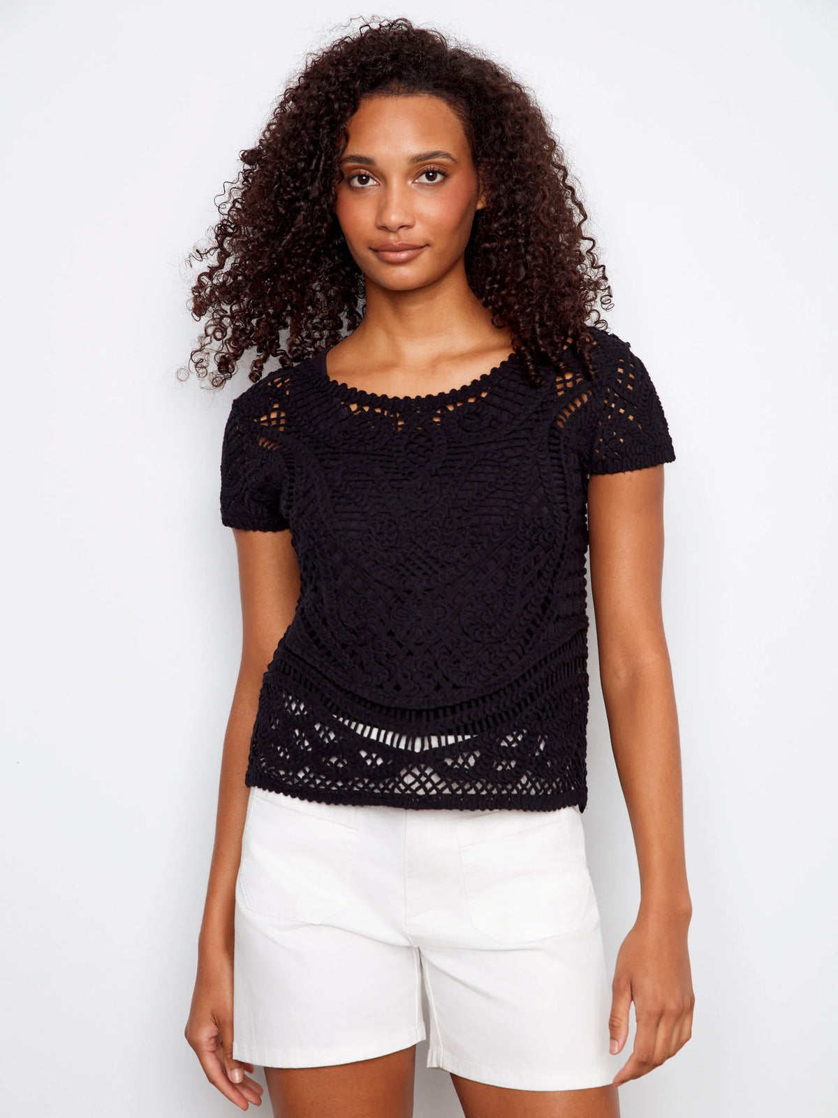 Charlie B Crochet Short-Sleeve Reversible Sweater - Style C2965-544C