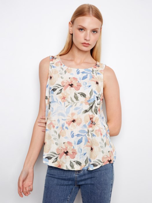 Charlie B Printed Linen Sleeveless Blouse - Style C4588R-787A