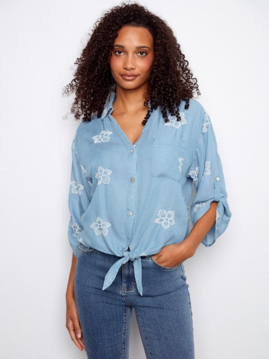 Charlie B Embroidered Three-Quarter Front-Tie Blouse - Style C4593ER-249B