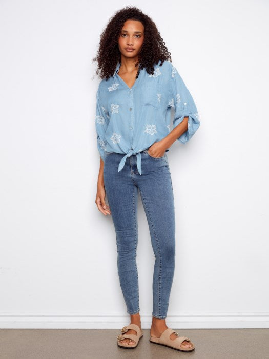 Charlie B Embroidered Three-Quarter Front-Tie Blouse - Style C4593ER-249B