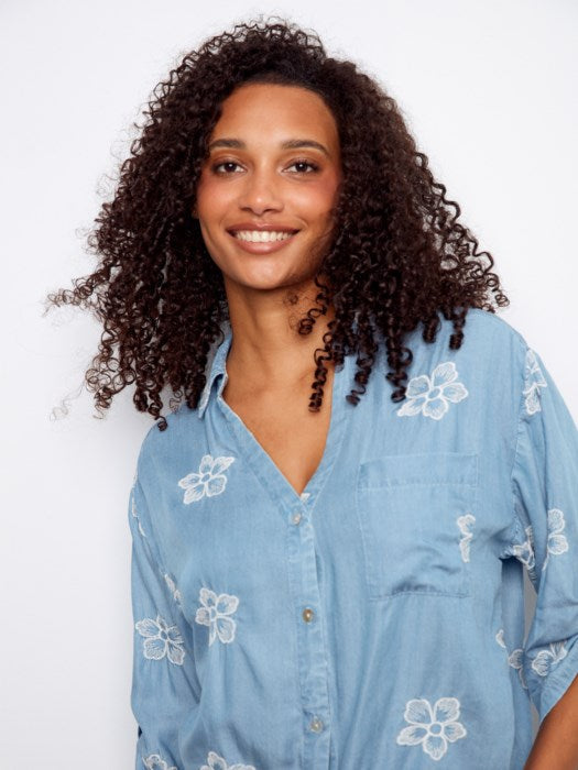Charlie B Embroidered Three-Quarter Front-Tie Blouse - Style C4593ER-249B