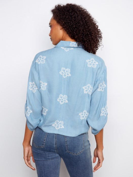 Charlie B Embroidered Three-Quarter Front-Tie Blouse - Style C4593ER-249B