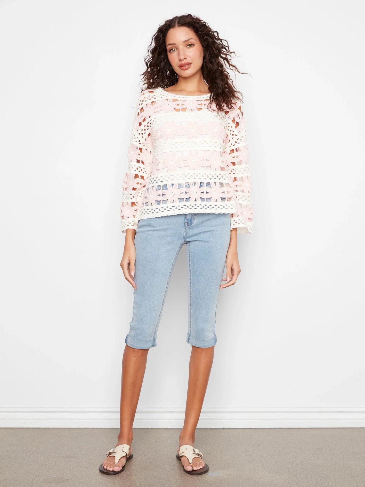 Charlie B Flower Crochet Three-Quarter Top - Style C4674E-777C