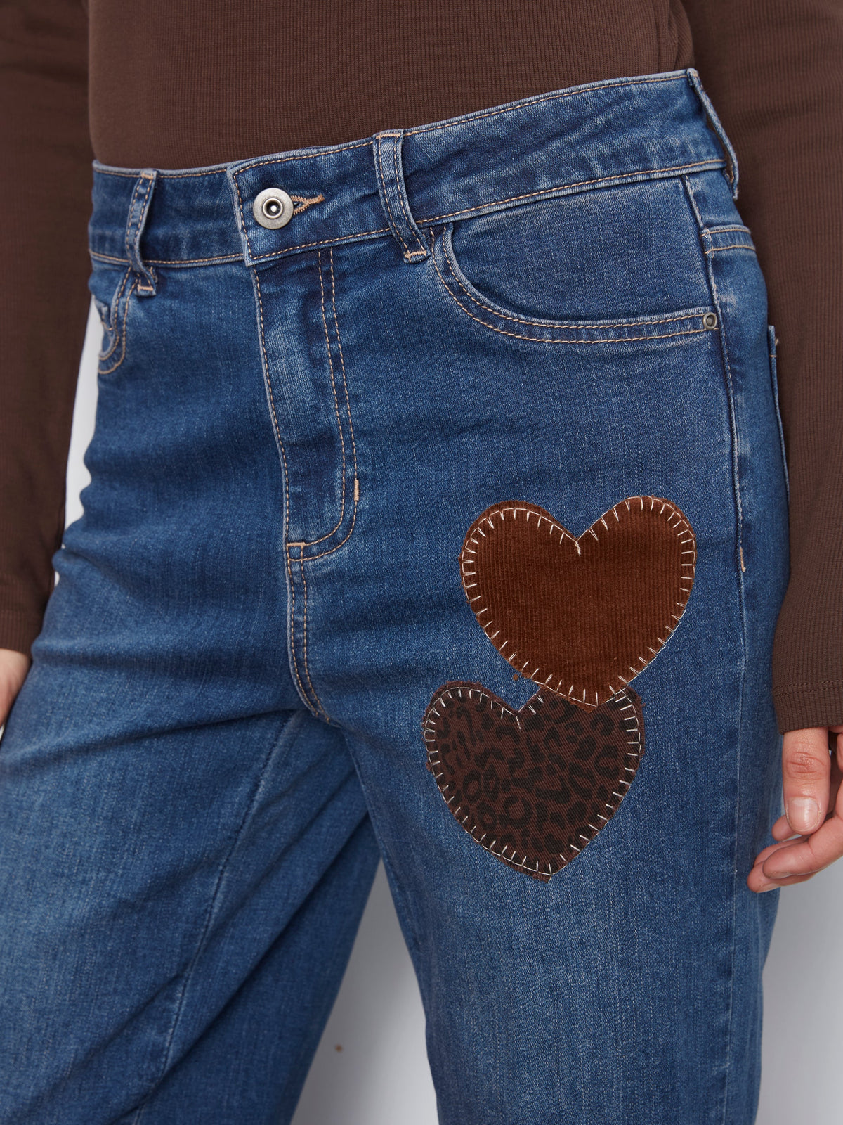 Charlie B Straight Leg Jeans with Corduroy Heart Patches - Style C5846-431A