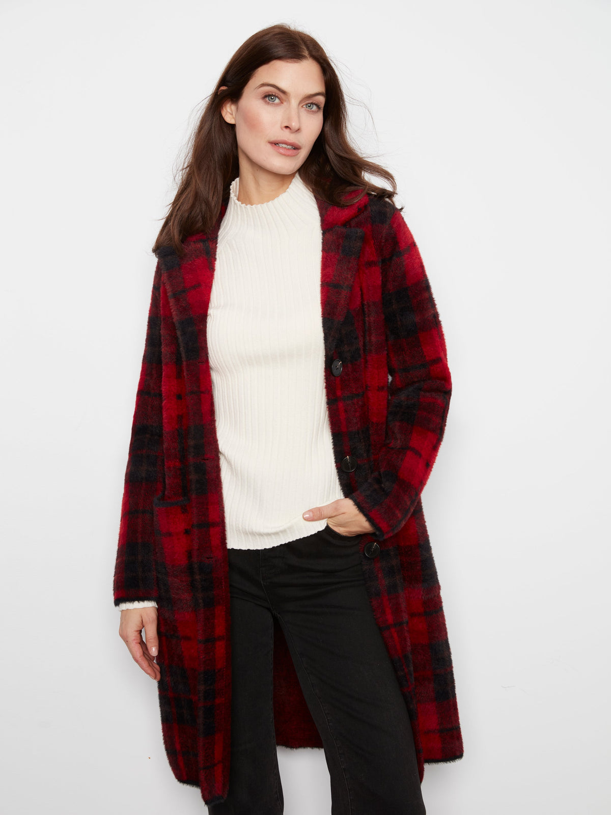 Charlie B Long Plaid Knit Coatigan - Style C6326RR-950BC