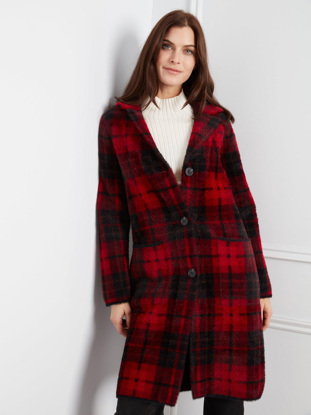 Charlie B Long Plaid Knit Coatigan - Style C6326RR-950BC