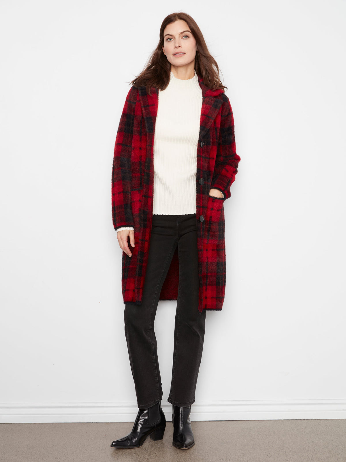 Charlie B Long Plaid Knit Coatigan - Style C6326RR-950BC