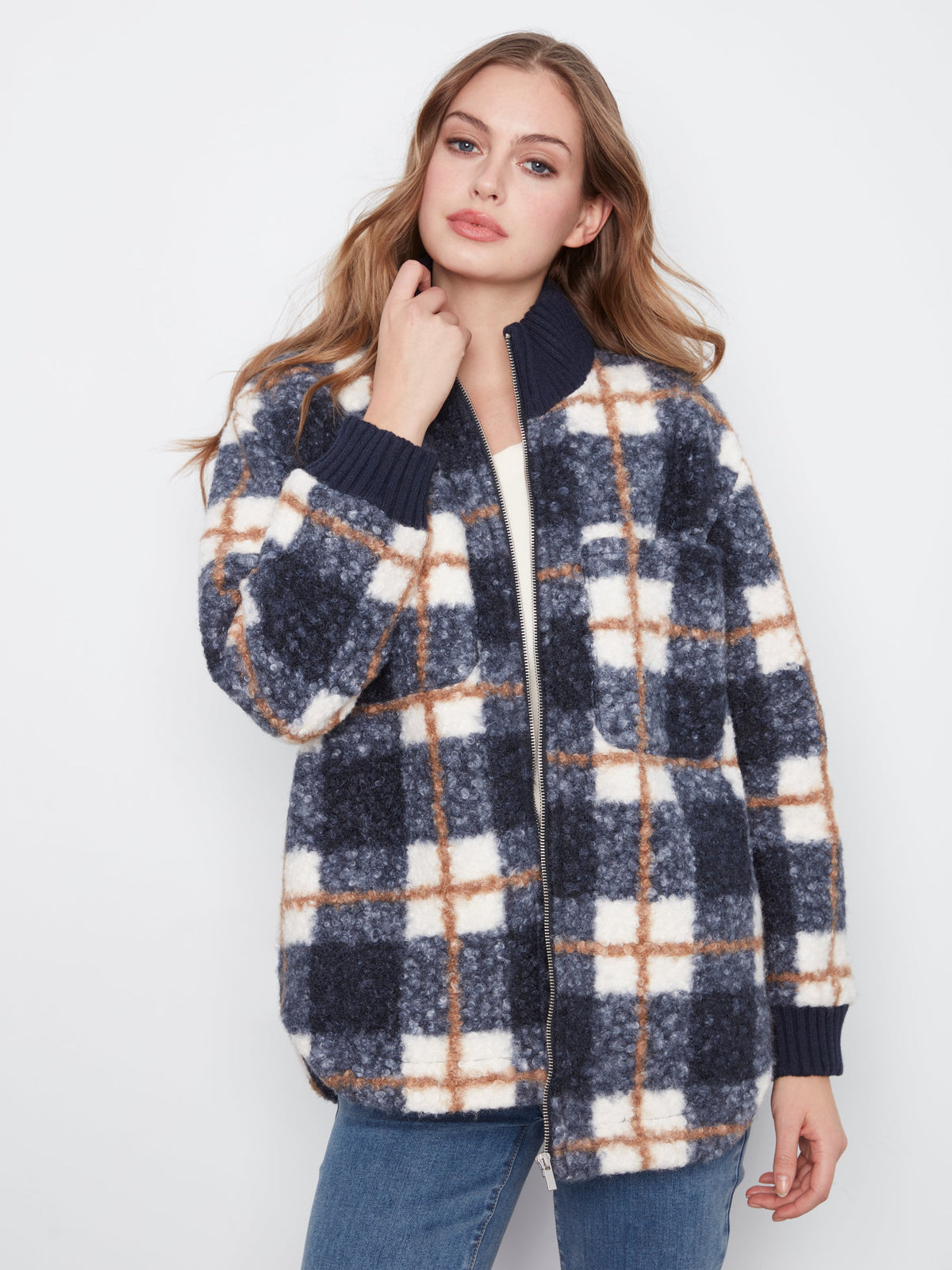 Charlie B Plaid Bouclé Zip Up Jacket - Style C6437P-707A