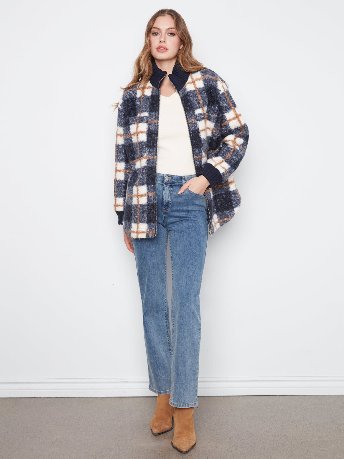 Charlie B Plaid Bouclé Zip Up Jacket - Style C6437P-707A