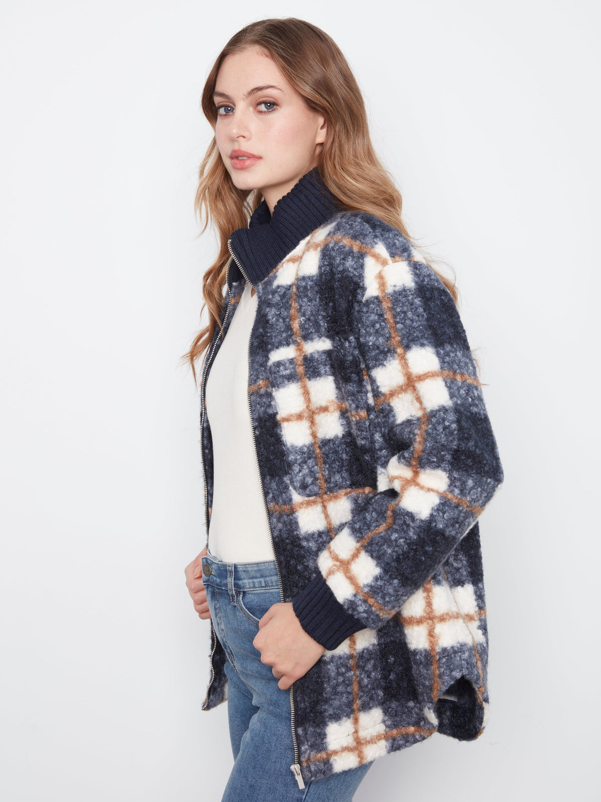 Charlie B Plaid Bouclé Zip Up Jacket - Style C6437P-707A