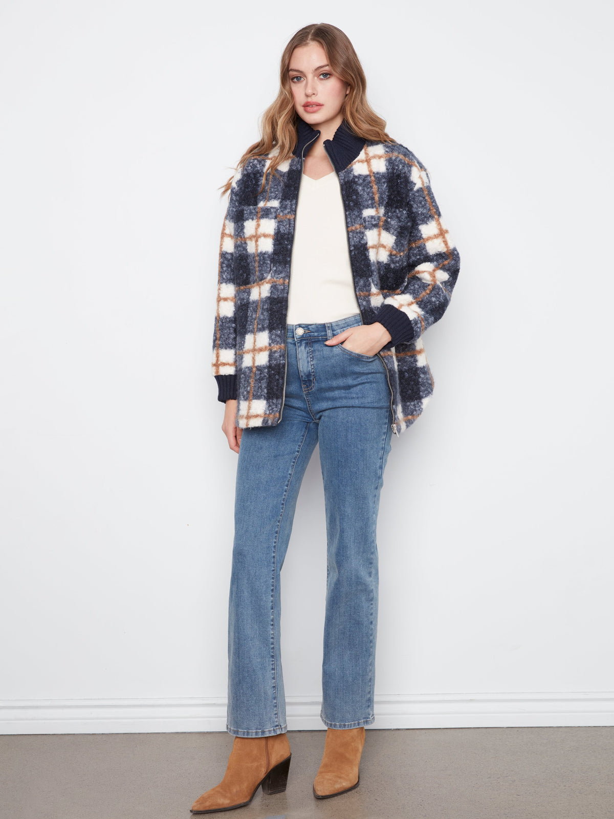 Charlie B Plaid Bouclé Zip Up Jacket - Style C6437P-707A