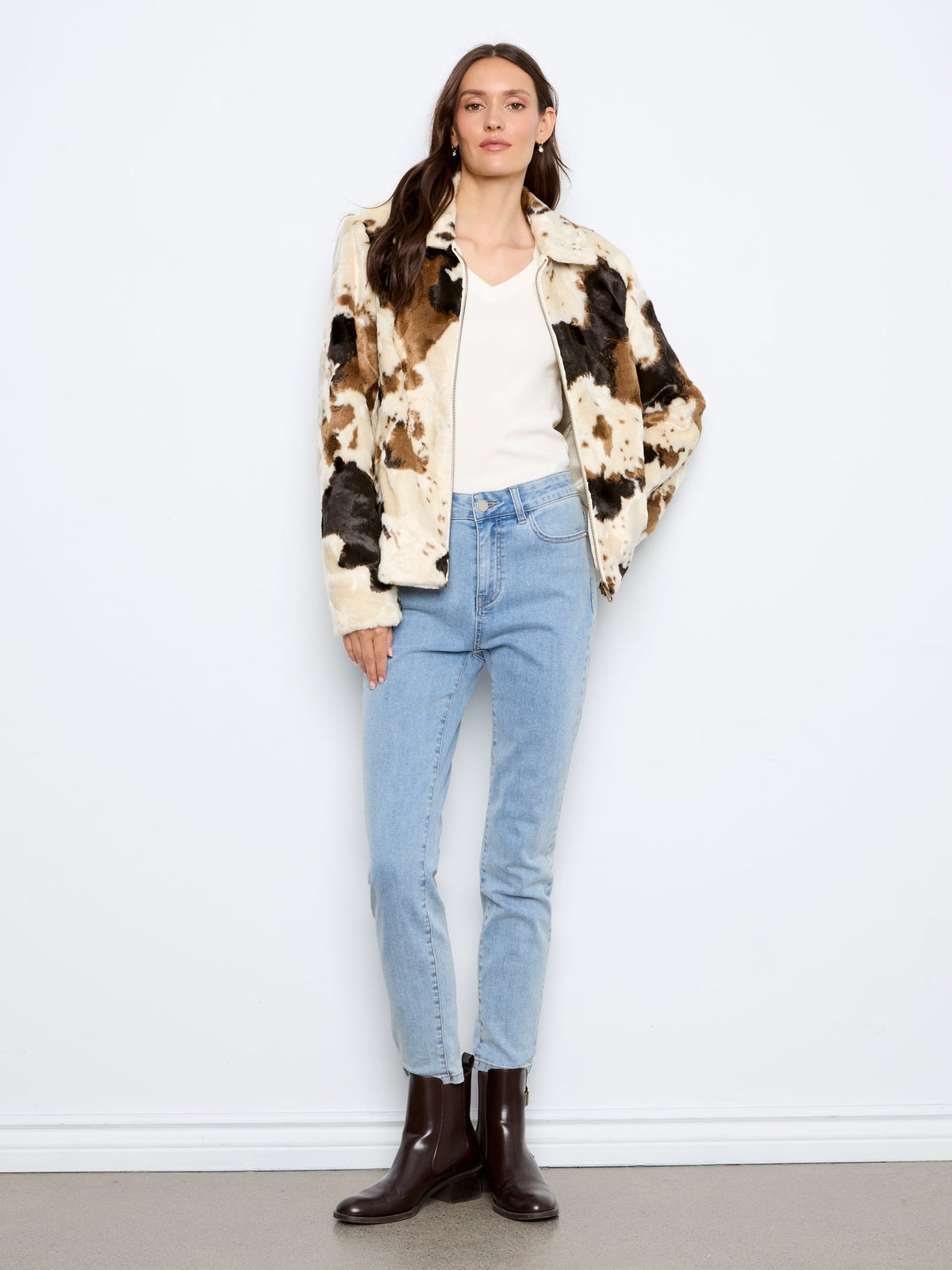 Charlie B Long Sleeve Fur Jacket In Cow Pattern - Style C6441-788C