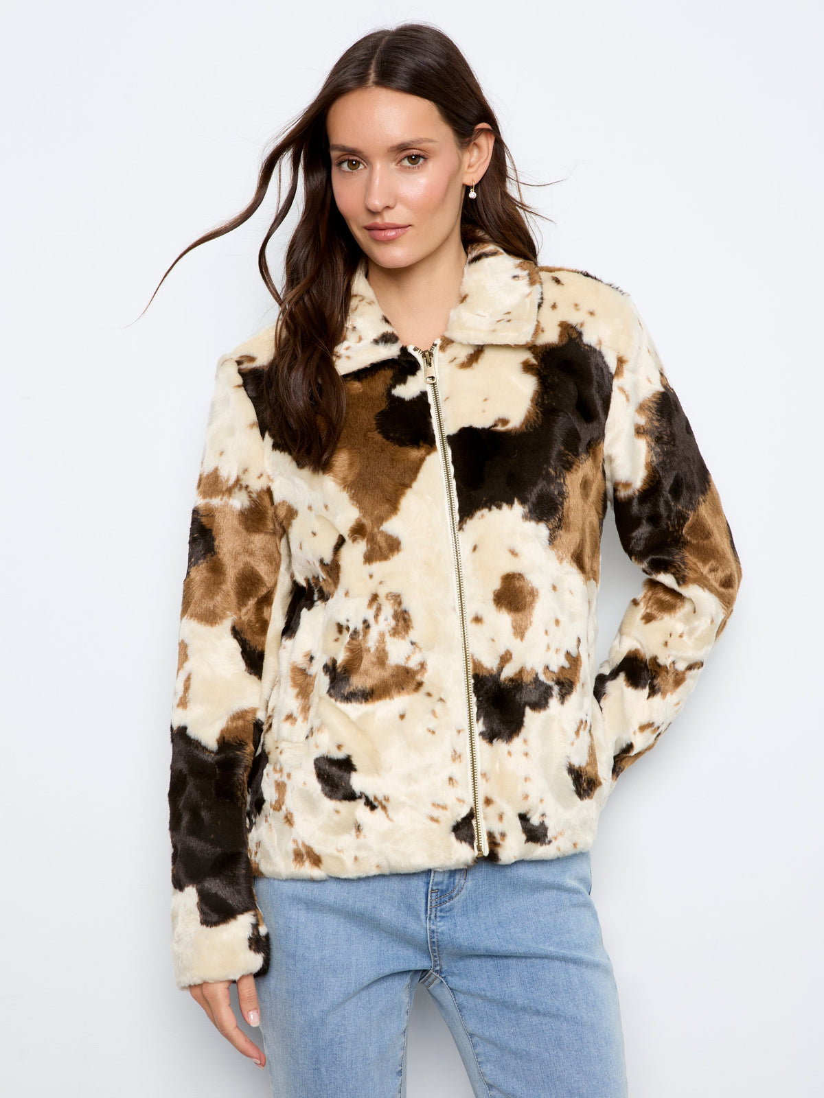 Charlie B Long Sleeve Fur Jacket In Cow Pattern - Style C6441-788C