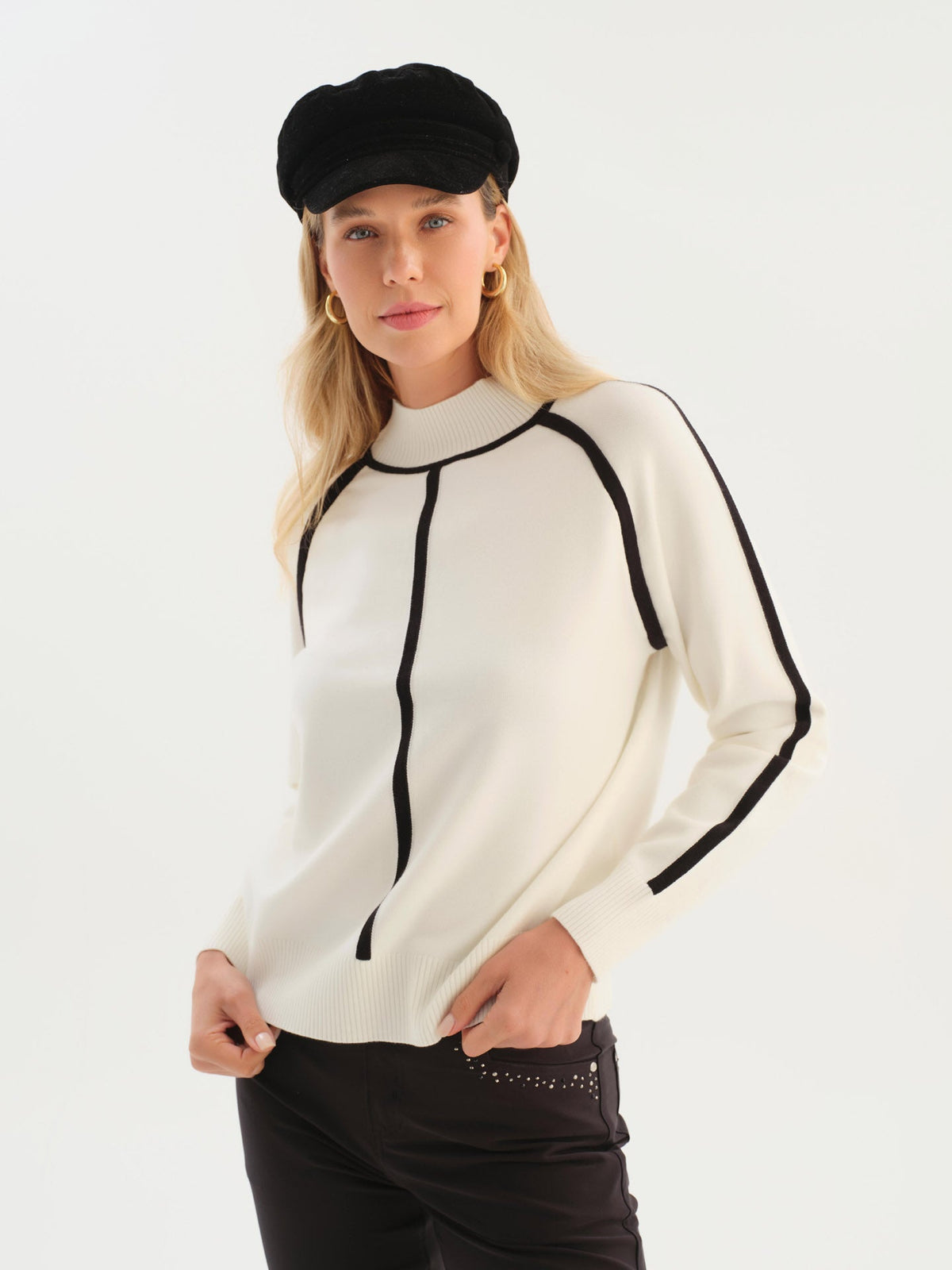 Dolcezza Mock Neck Top With Contrast Piping - Style 76301A
