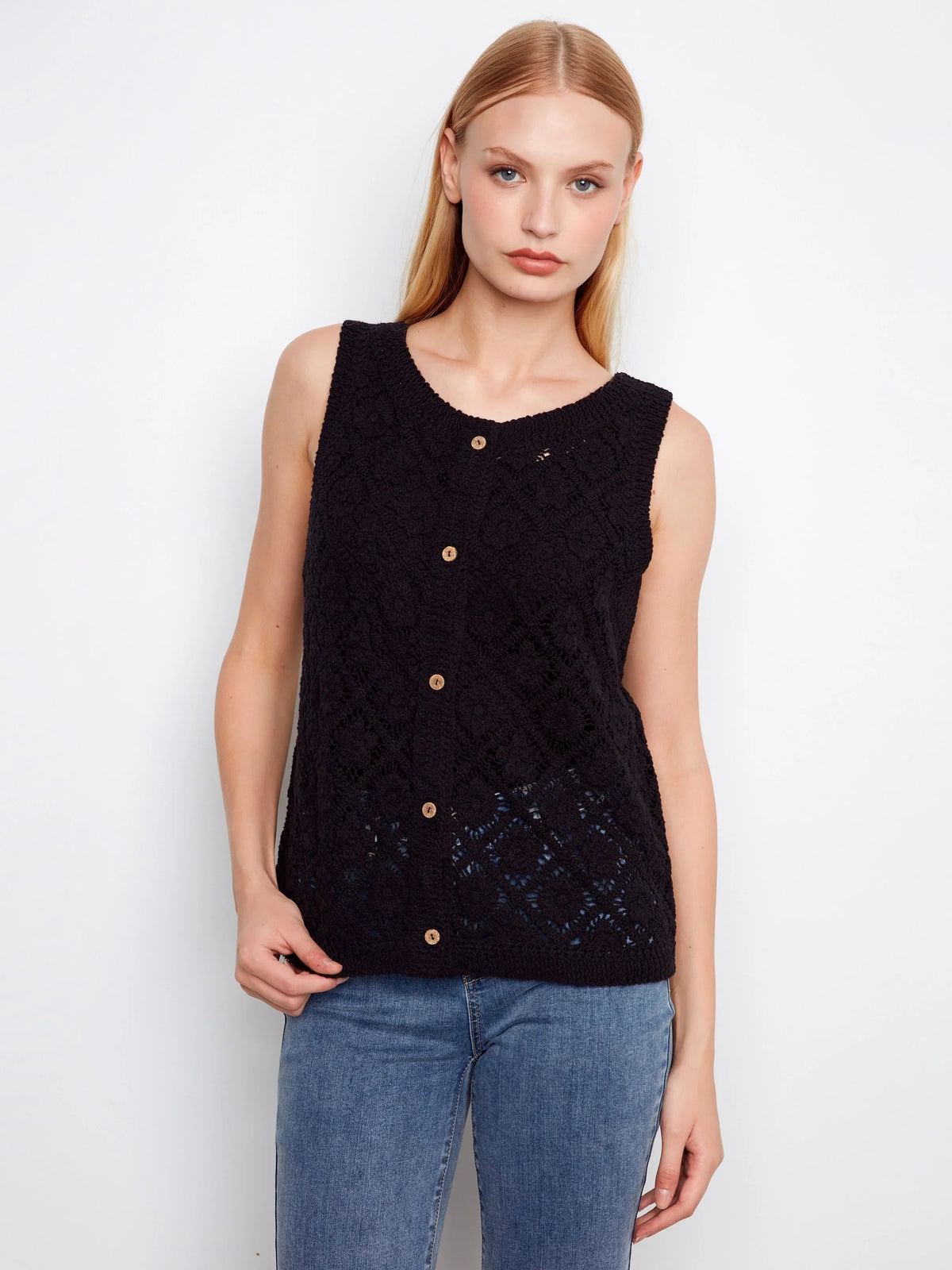 Charlie B Crochet Sleeveless Button-Up Vest - Style C4665-631C