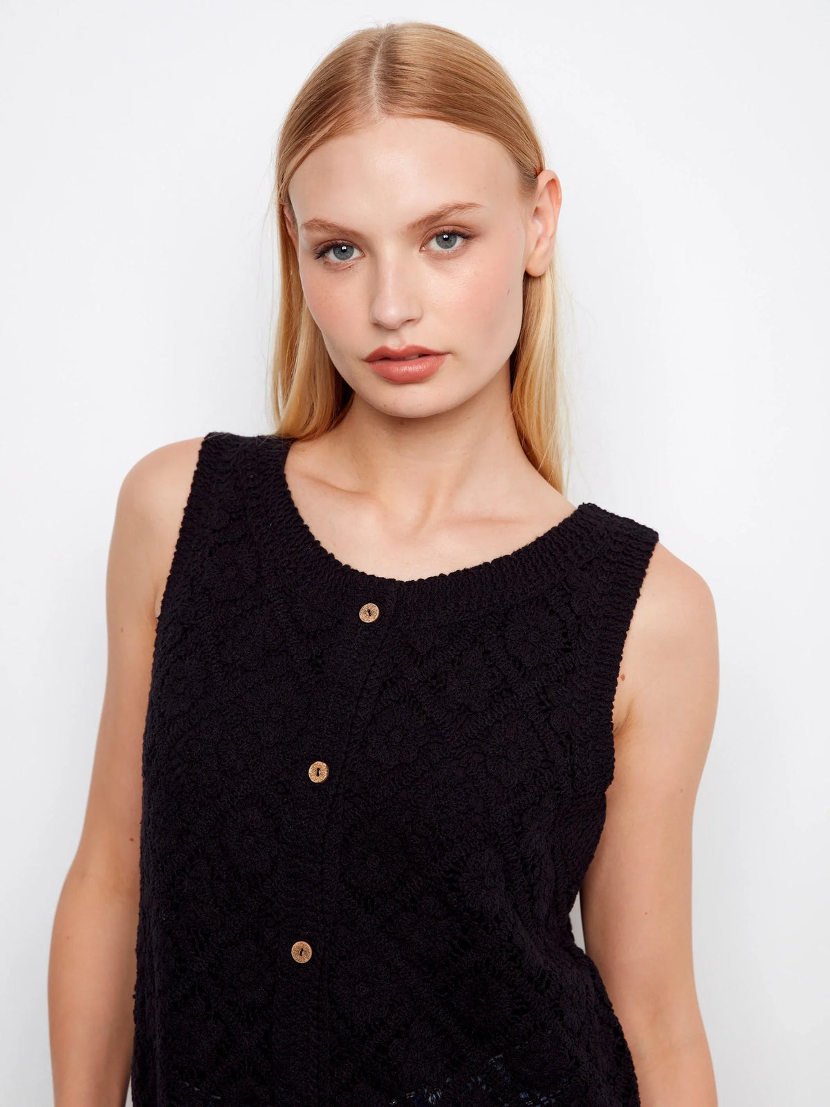 Charlie B Crochet Sleeveless Button-Up Vest - Style C4665-631C