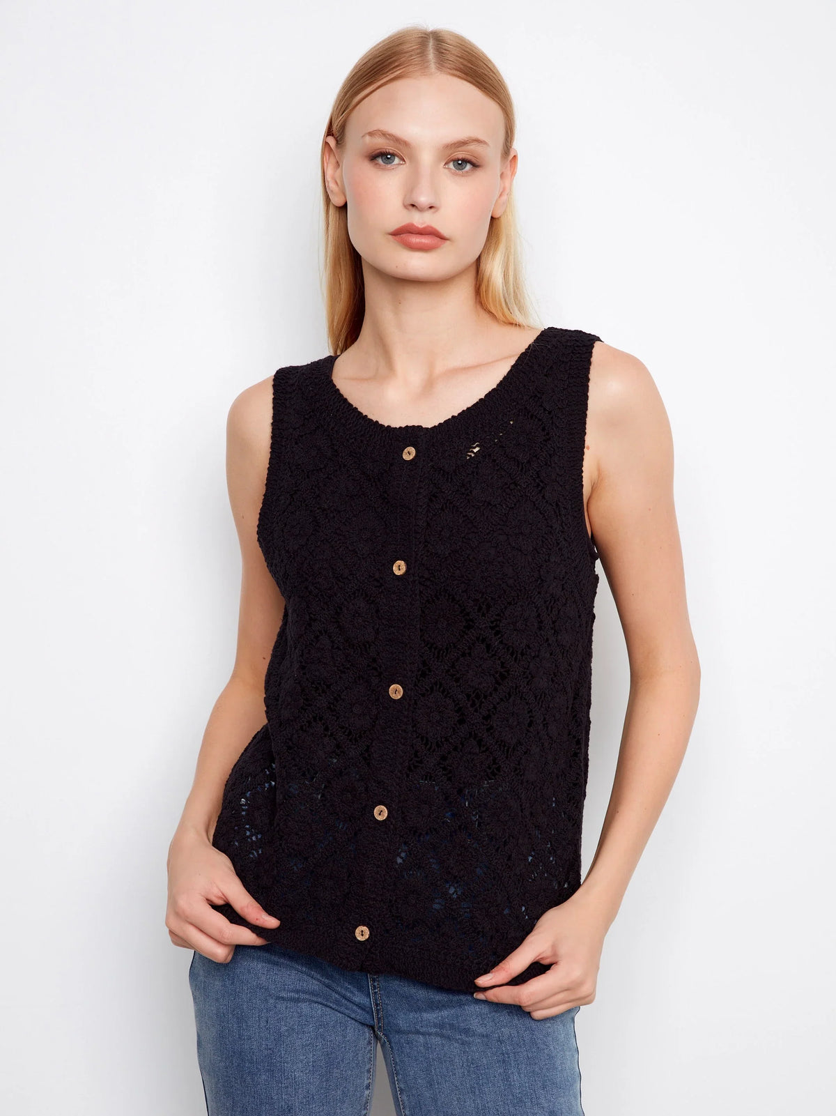 Charlie B Crochet Sleeveless Button-Up Vest - Style C4665-631C