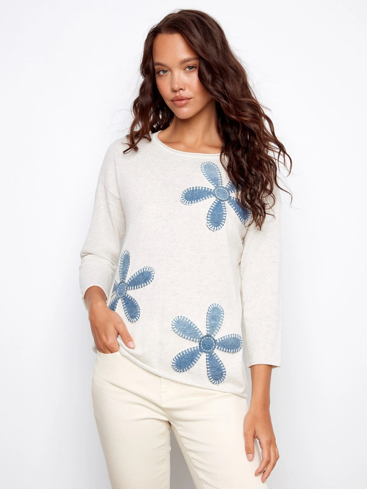 Charlie B Three-Quarter Sleeve Sweater with Placed Flowers - Style C2975-261B
