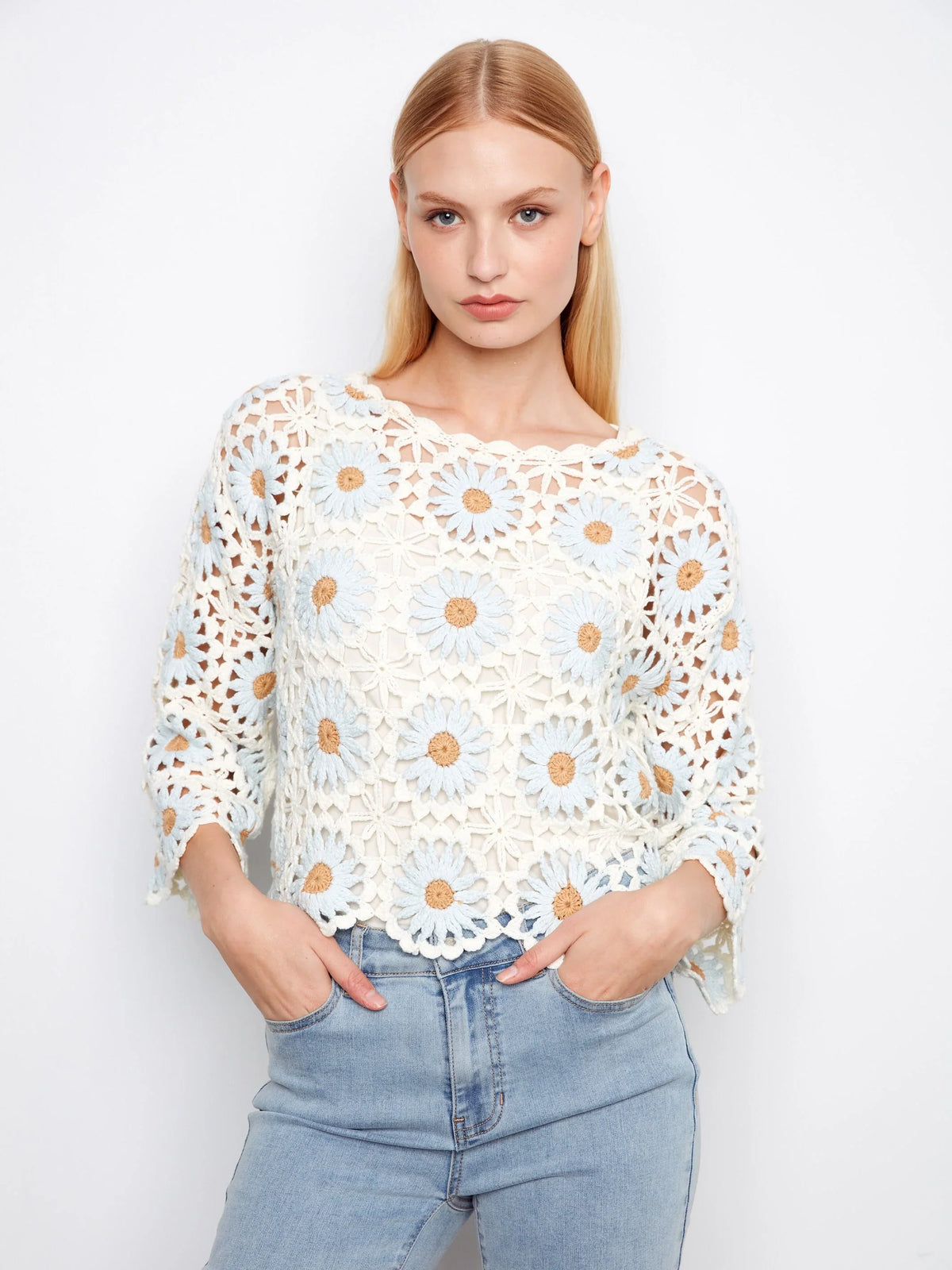 Charlie B Flower Crochet Three-Quarter Scallop-Hem Sweater - Style C2941-267C