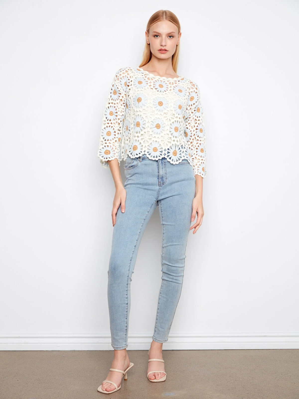 Charlie B Flower Crochet Three-Quarter Scallop-Hem Sweater - Style C2941-267C