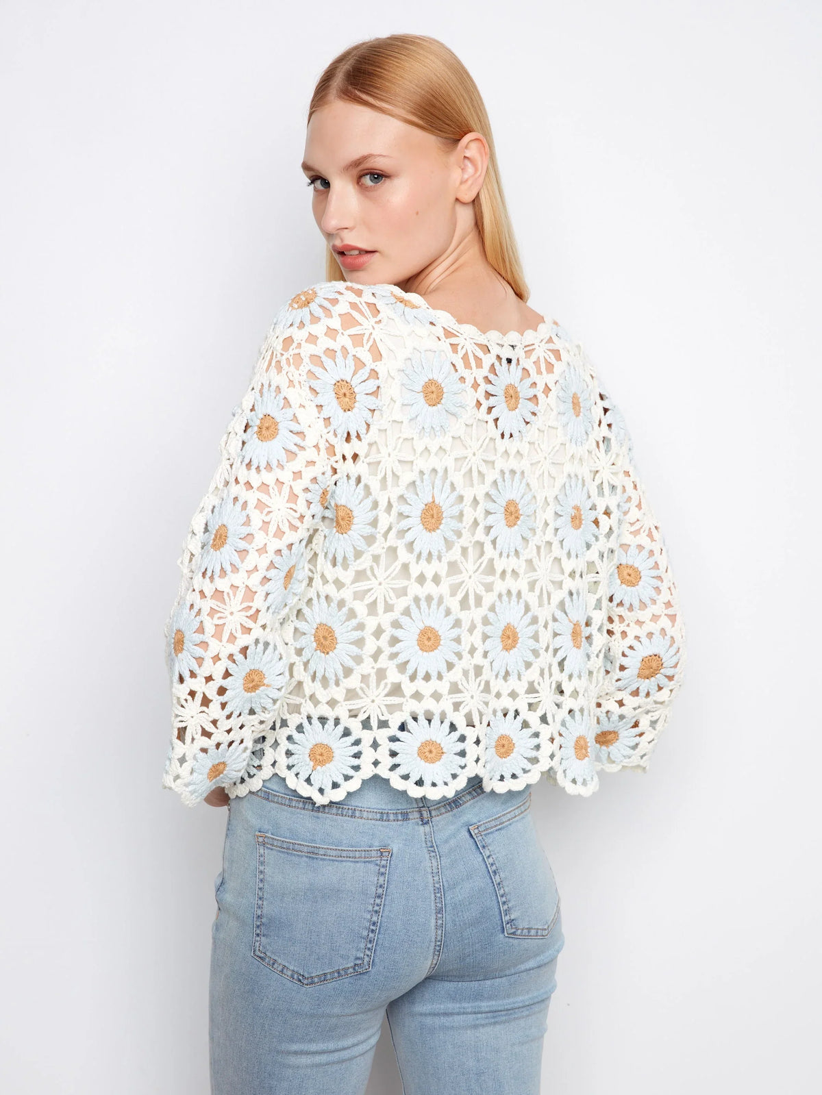 Charlie B Flower Crochet Three-Quarter Scallop-Hem Sweater - Style C2941-267C