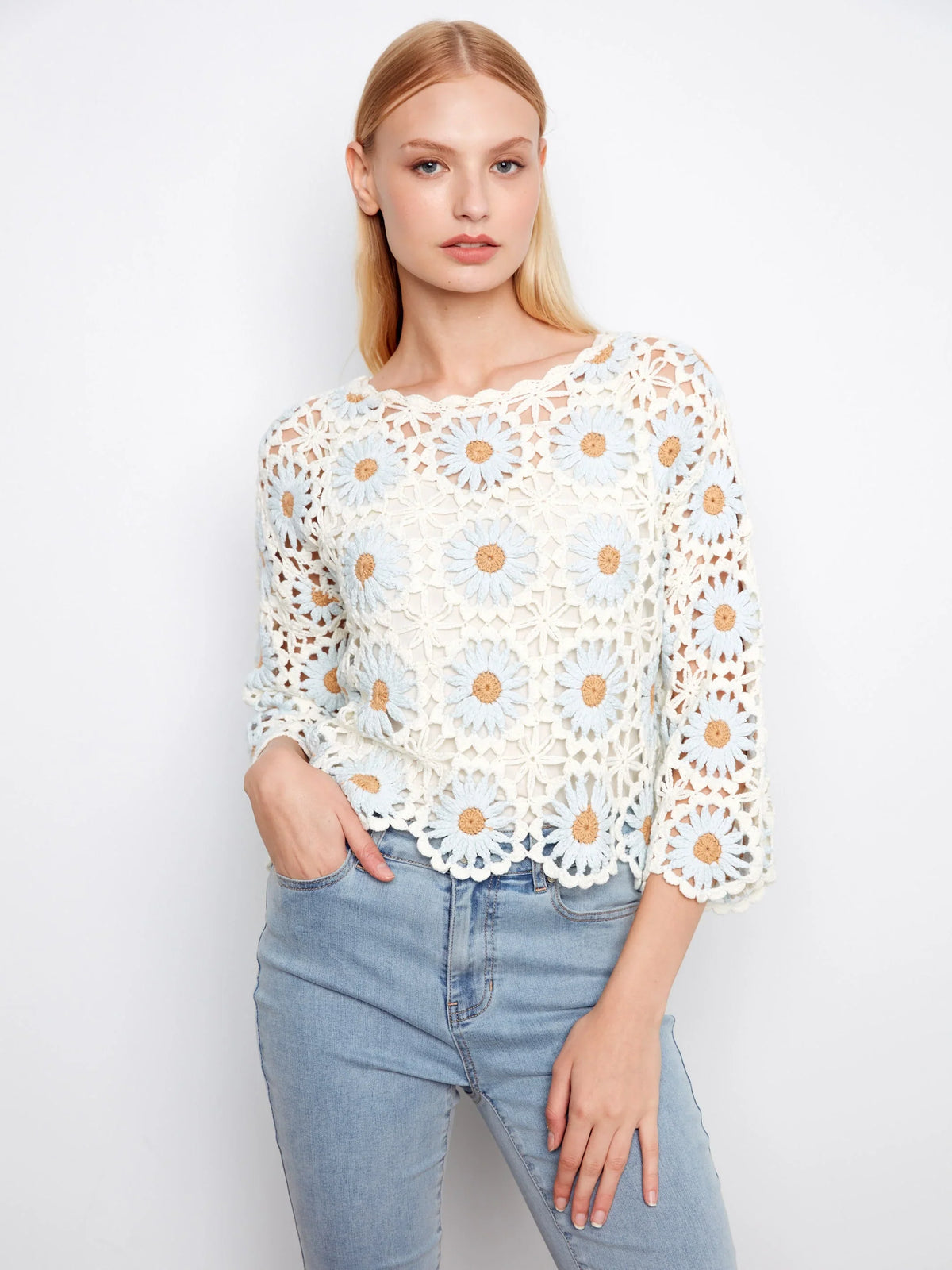 Charlie B Flower Crochet Three-Quarter Scallop-Hem Sweater - Style C2941-267C