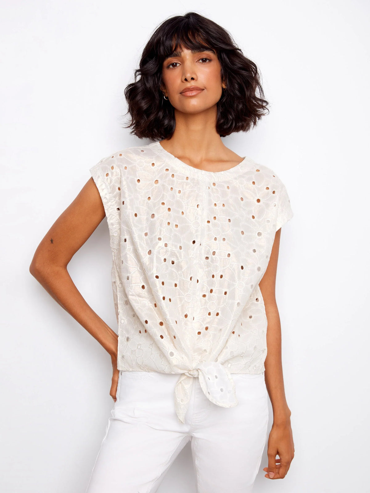 Charlie B Foil Eyelet Front-Tie Blouse - Style C4271G-252C