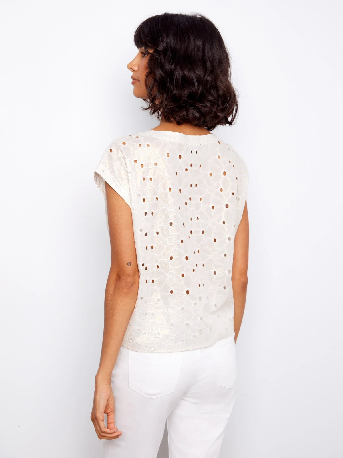Charlie B Foil Eyelet Front-Tie Blouse - Style C4271G-252C
