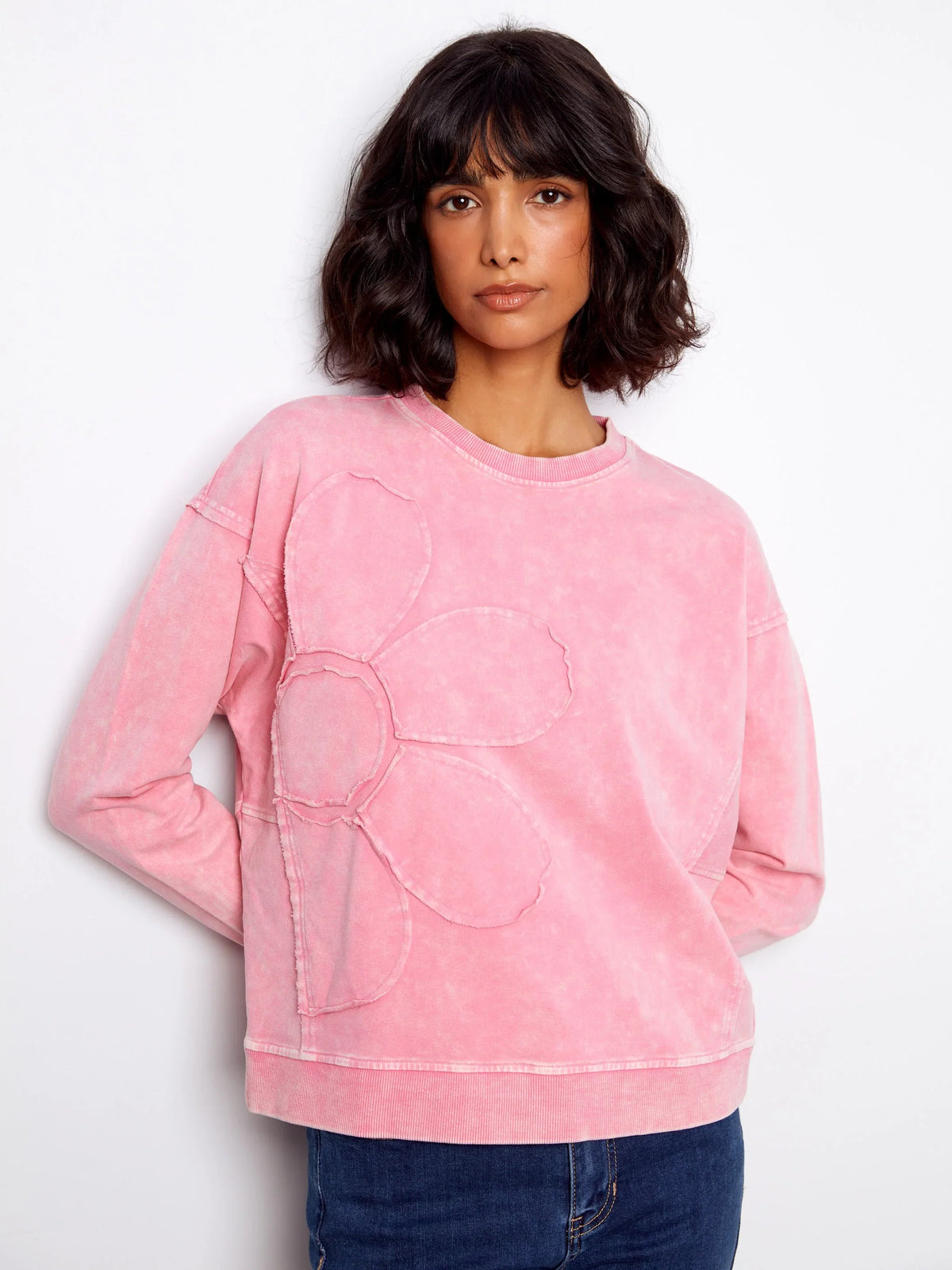 Charlie B Flower Crew-Neck Long-Sleeve Top - Style C1417-377C