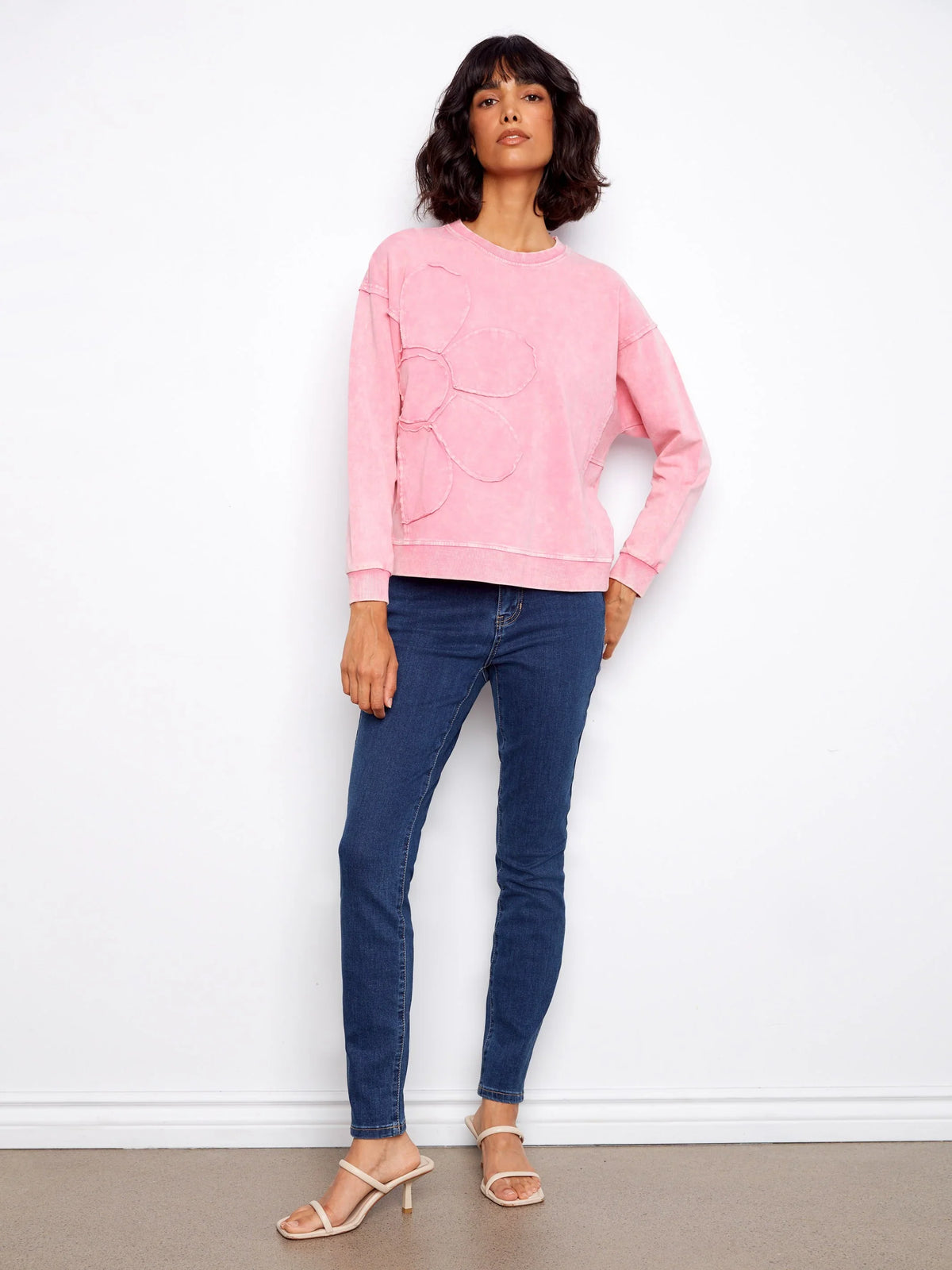 Charlie B Flower Crew-Neck Long-Sleeve Top - Style C1417-377C