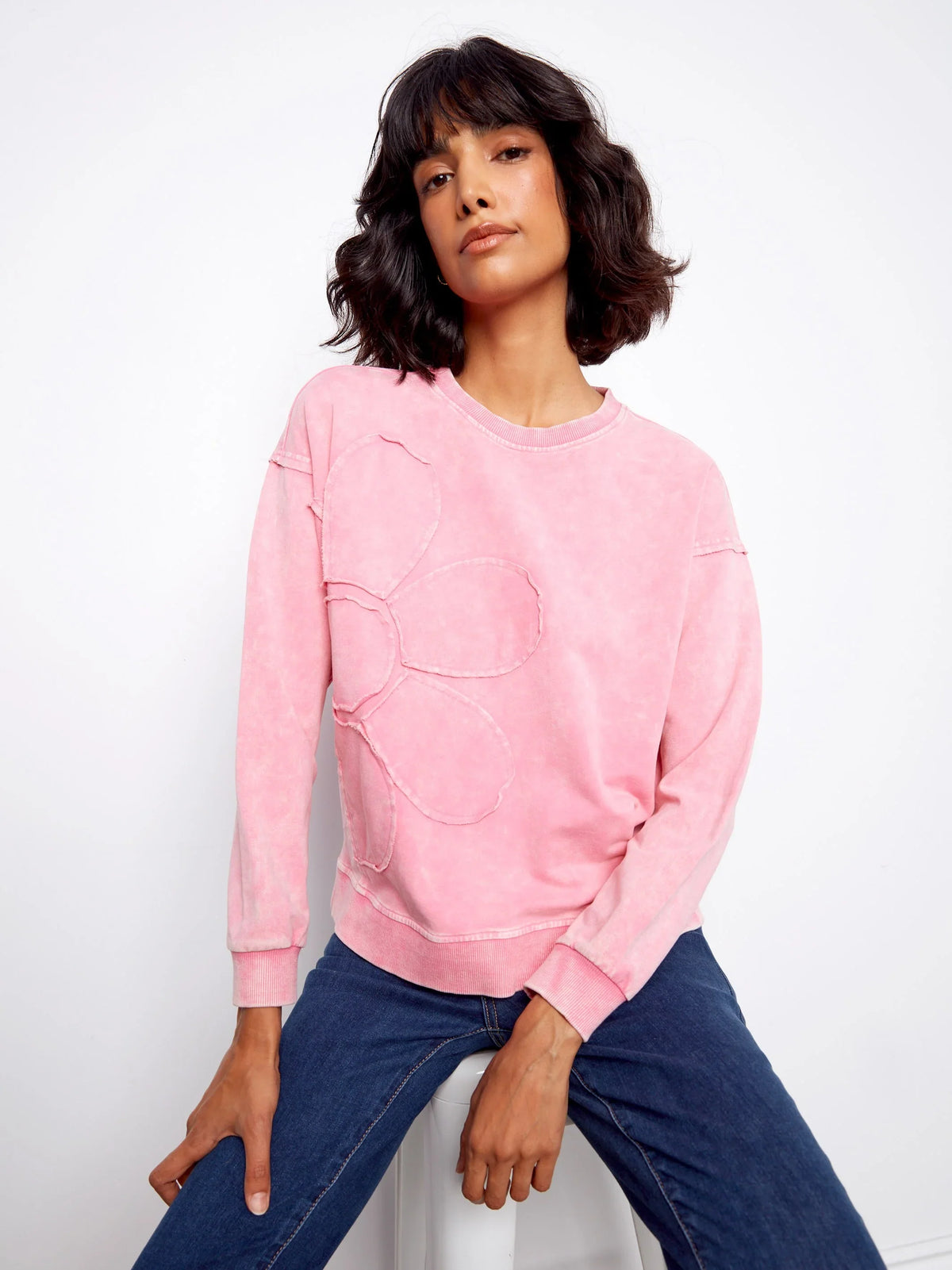 Charlie B Flower Crew-Neck Long-Sleeve Top - Style C1417-377C