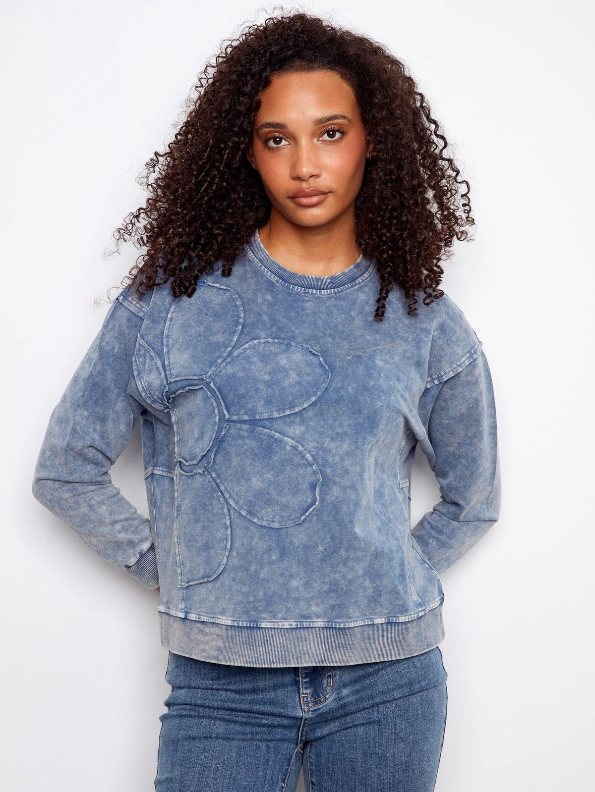 Charlie B Flower Denim Crew-Neck Long-Sleeve Top - Style C1417-377CA