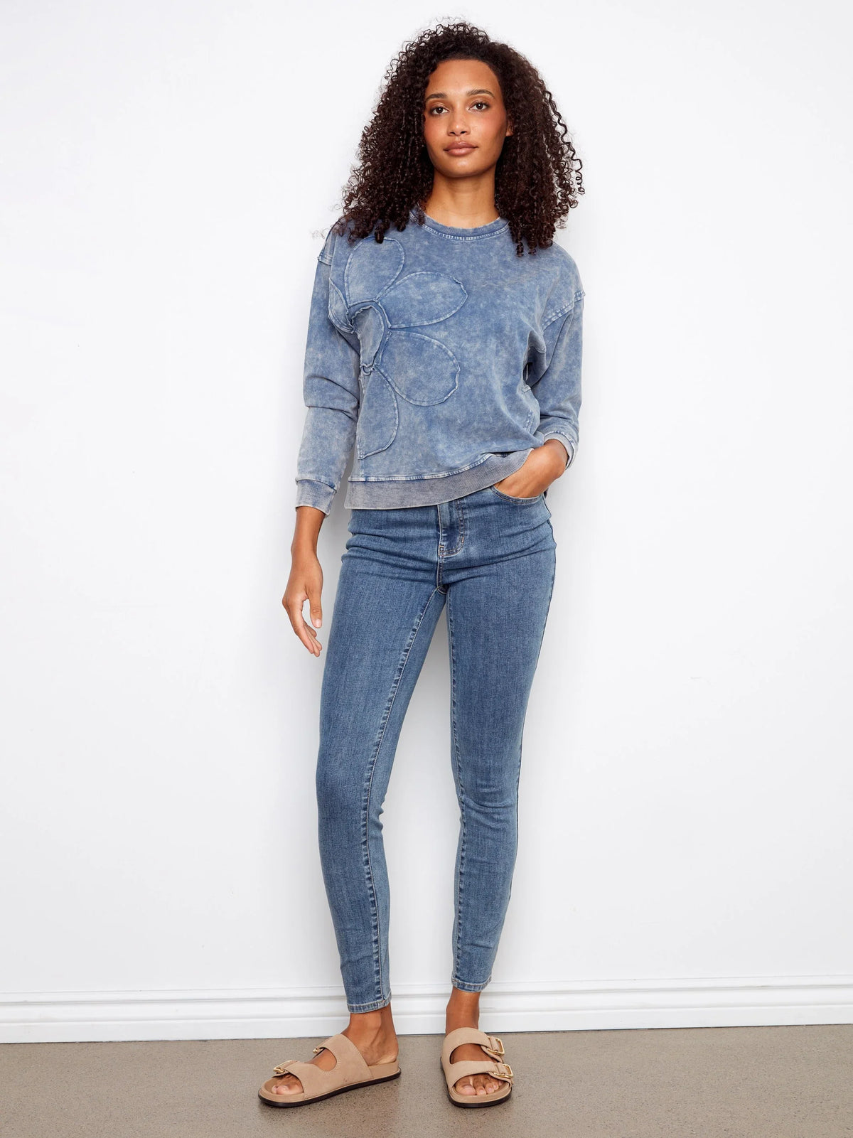 Charlie B Flower Denim Crew-Neck Long-Sleeve Top - Style C1417-377CA