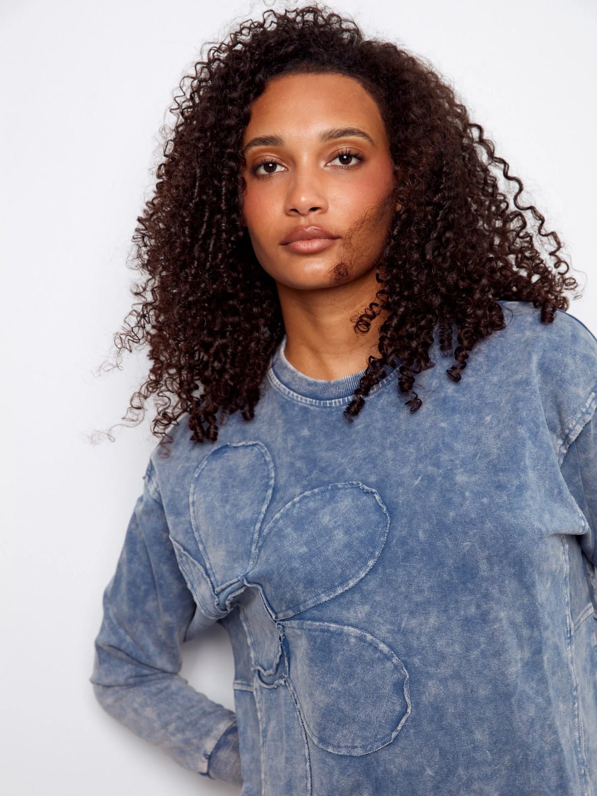 Charlie B Flower Denim Crew-Neck Long-Sleeve Top - Style C1417-377CA